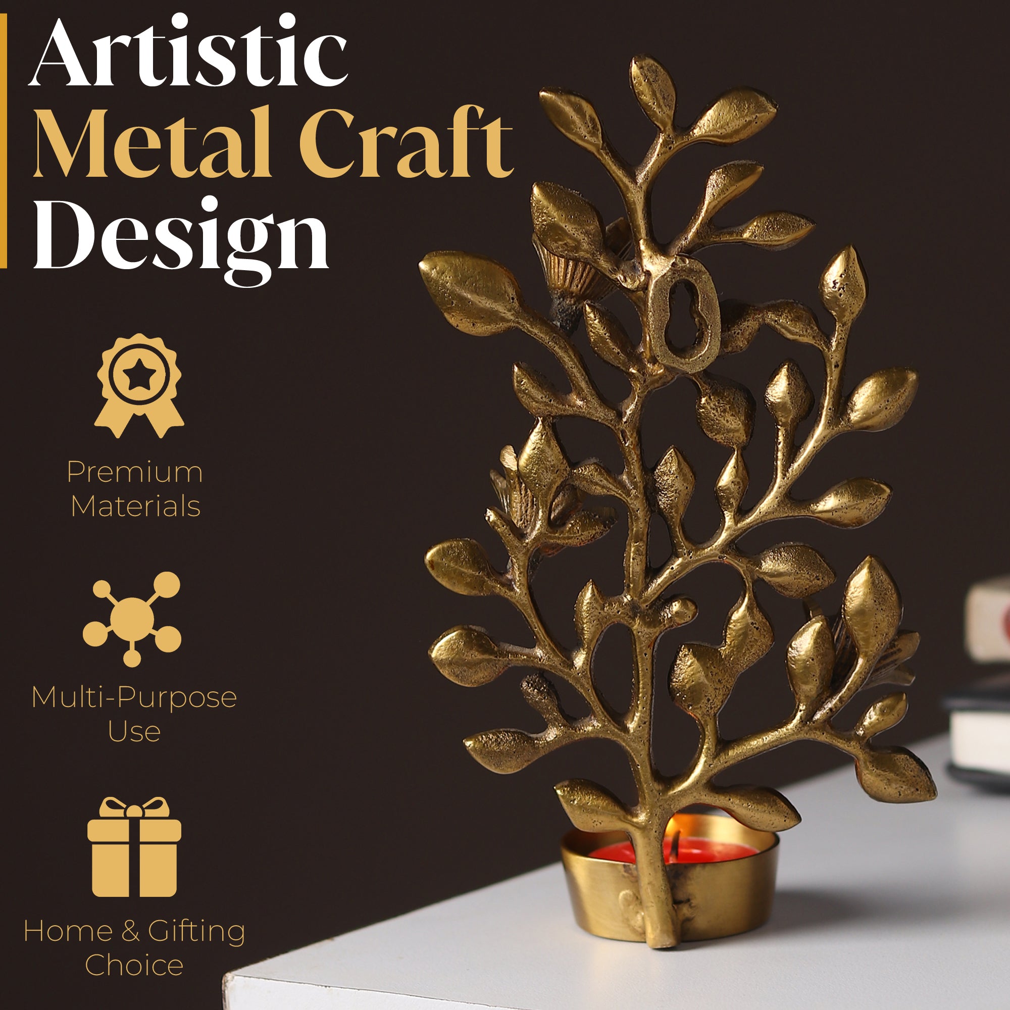 Golden Wishing Tree Candle Holder – Handcrafted Brass Art for Timeless Décor | Divyaneel