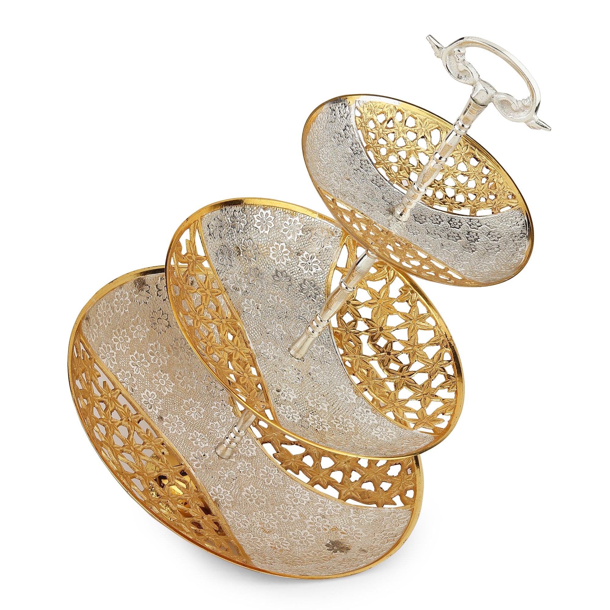 TrayiVedika™ — Two-Tone Brass Cake Stand (3-Tier • Gold & Silver)