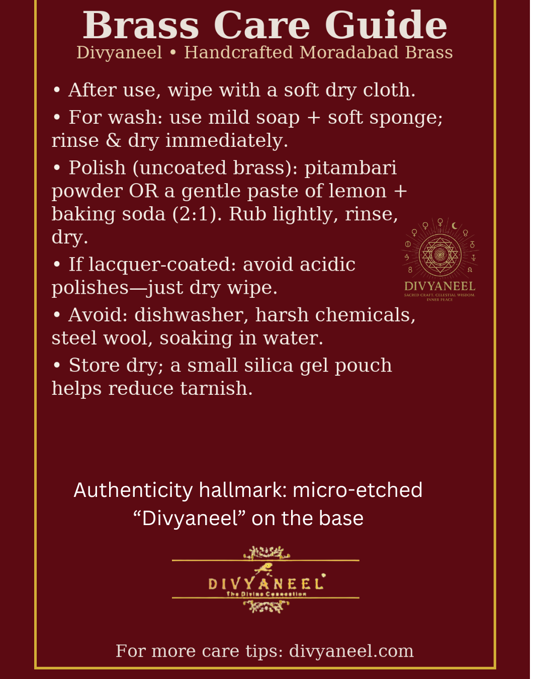 Brass Care Guide for Divyaneel Moradabad Brass on a red background