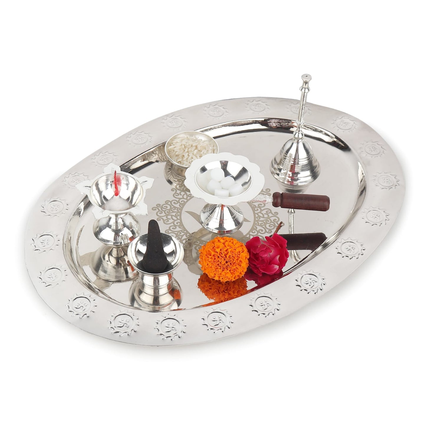 Divyaneel Handcrafted Brass Puja Thali — Gold/Silver Finish with Bell & 4 Incense Holders