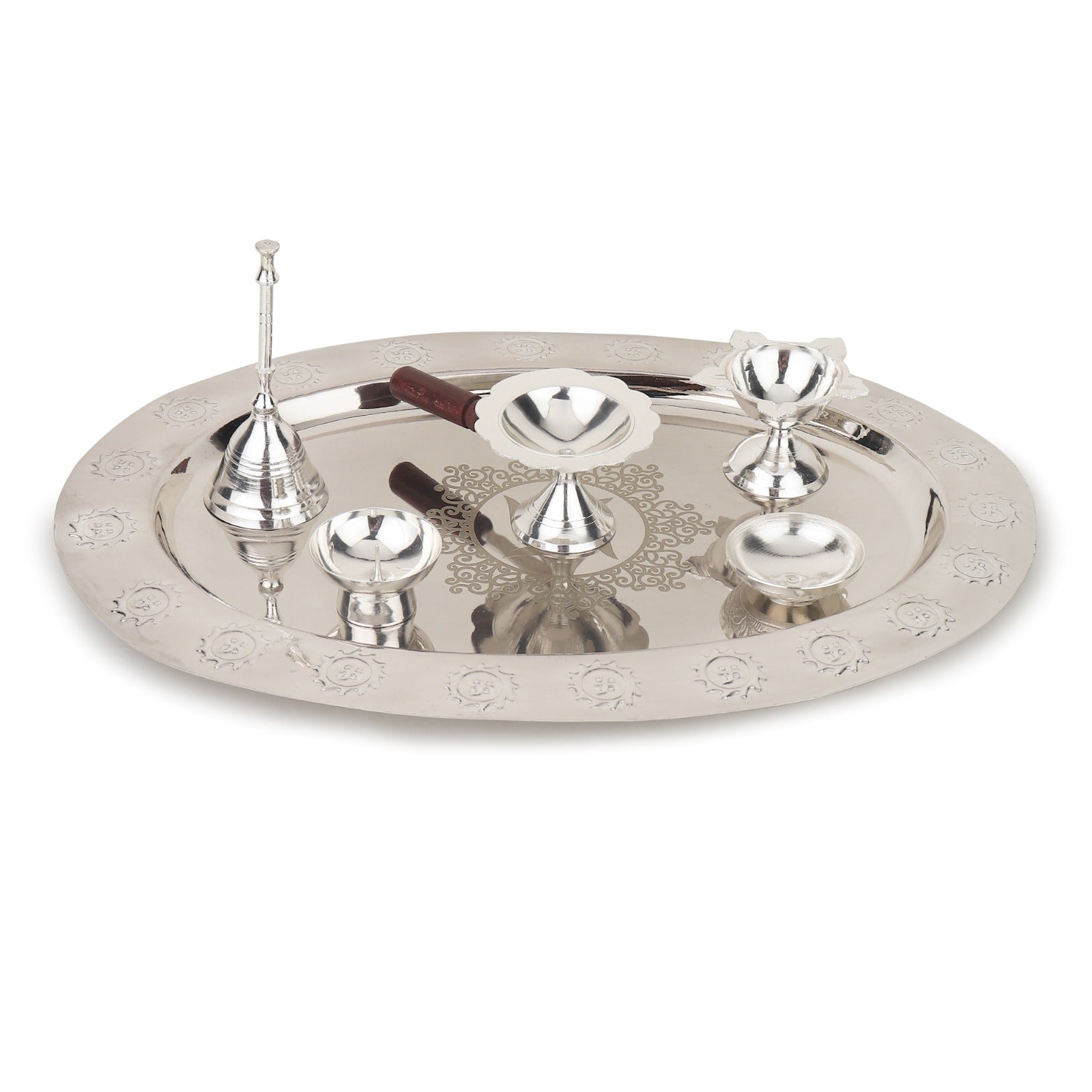 Puja Thali Set — Silver  (Plate, Bell & 4 Incense Holders)