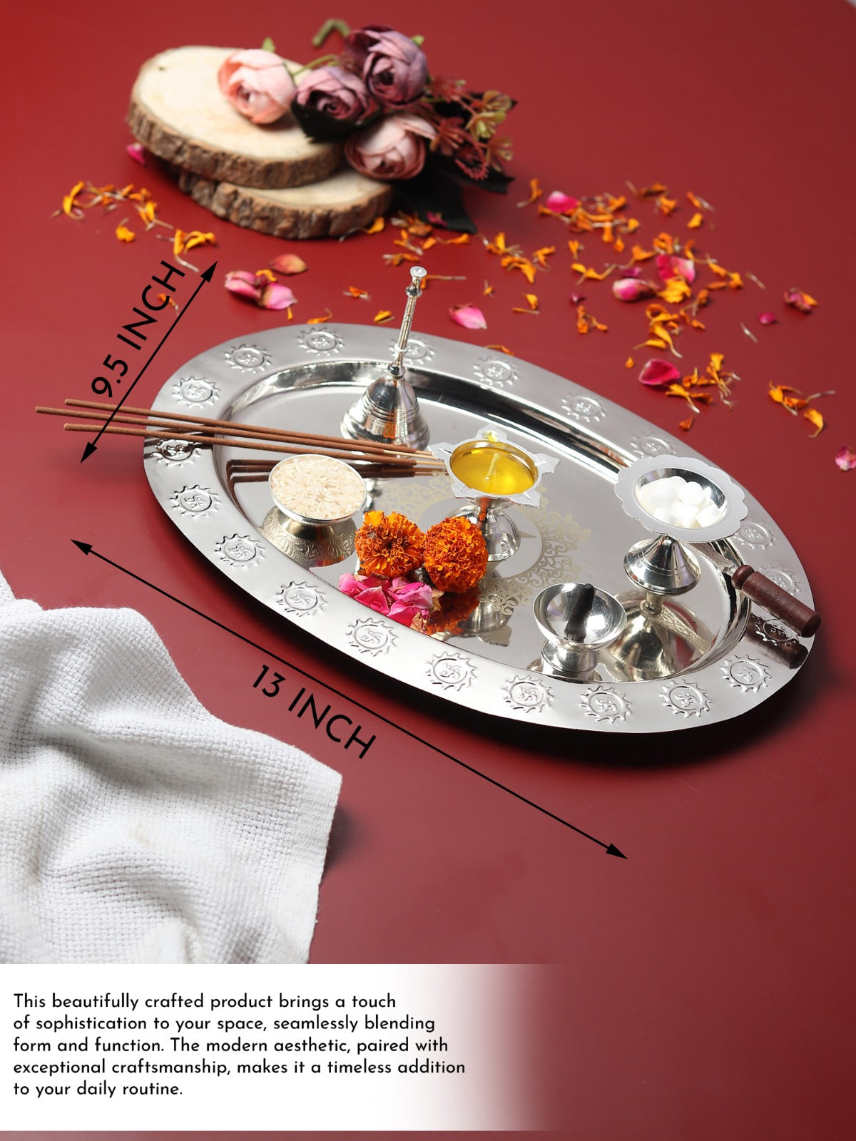 Divyaneel Handcrafted Brass Puja Thali — Gold/Silver Finish with Bell & 4 Incense Holders