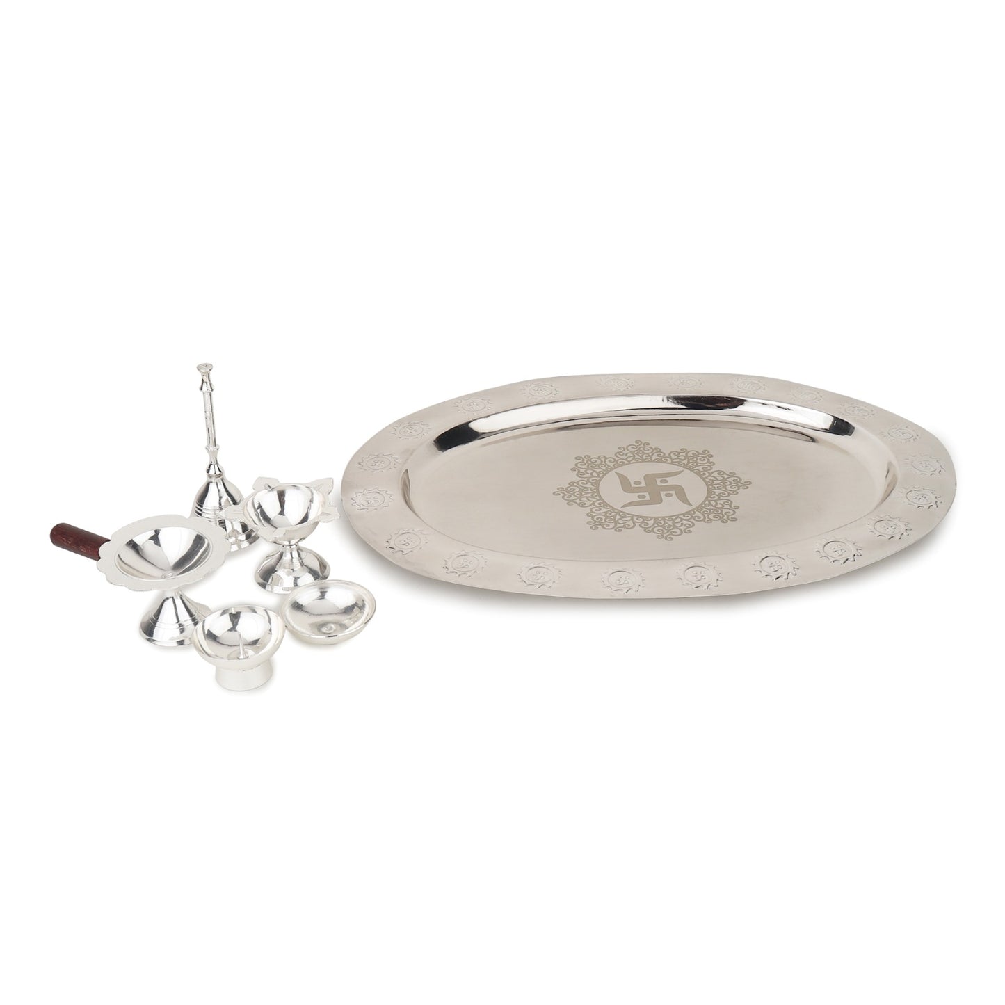 Divyaneel Handcrafted Brass Puja Thali — Gold/Silver Finish with Bell & 4 Incense Holders