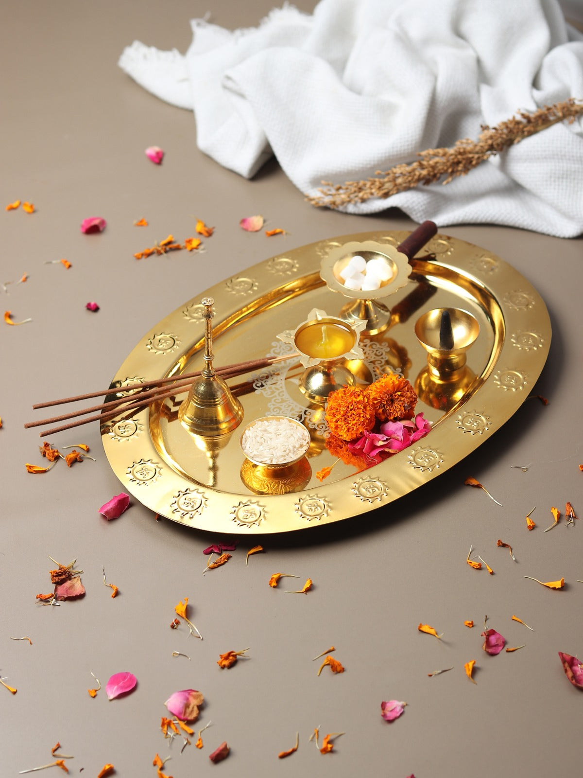 Divyaneel Handcrafted Brass Puja Thali with Bell & 4 Incense Holders