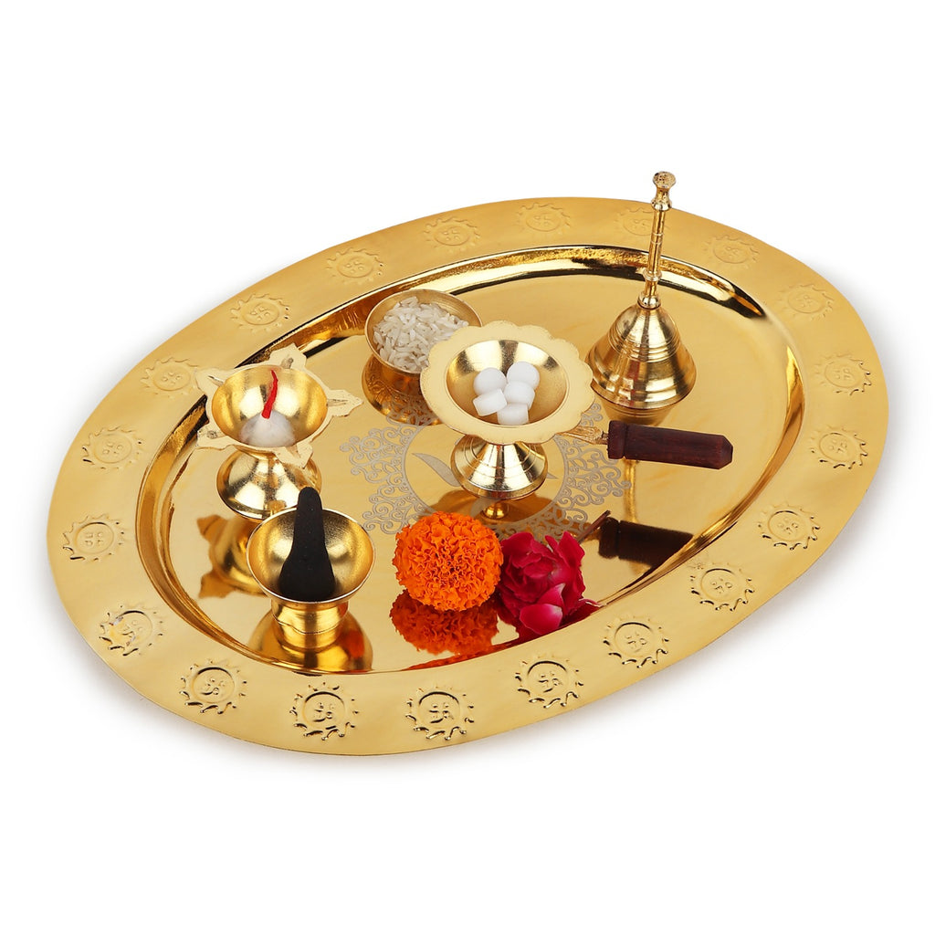 Puja Thali Set — Gold (Plate, Bell & 4 Incense Holders)