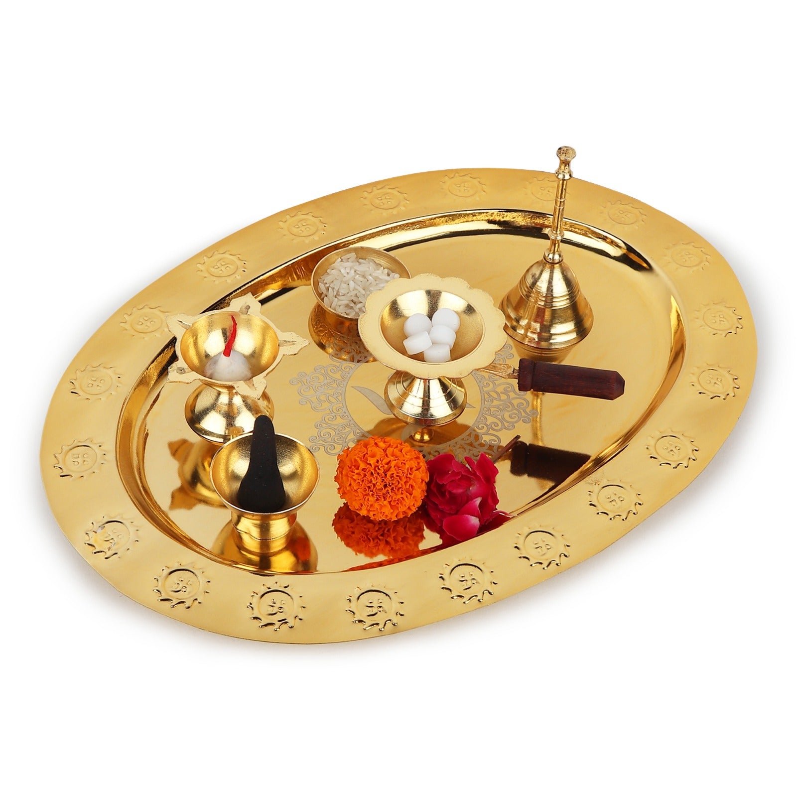 Puja Thali Set — Gold (Plate, Bell & 4 Incense Holders)