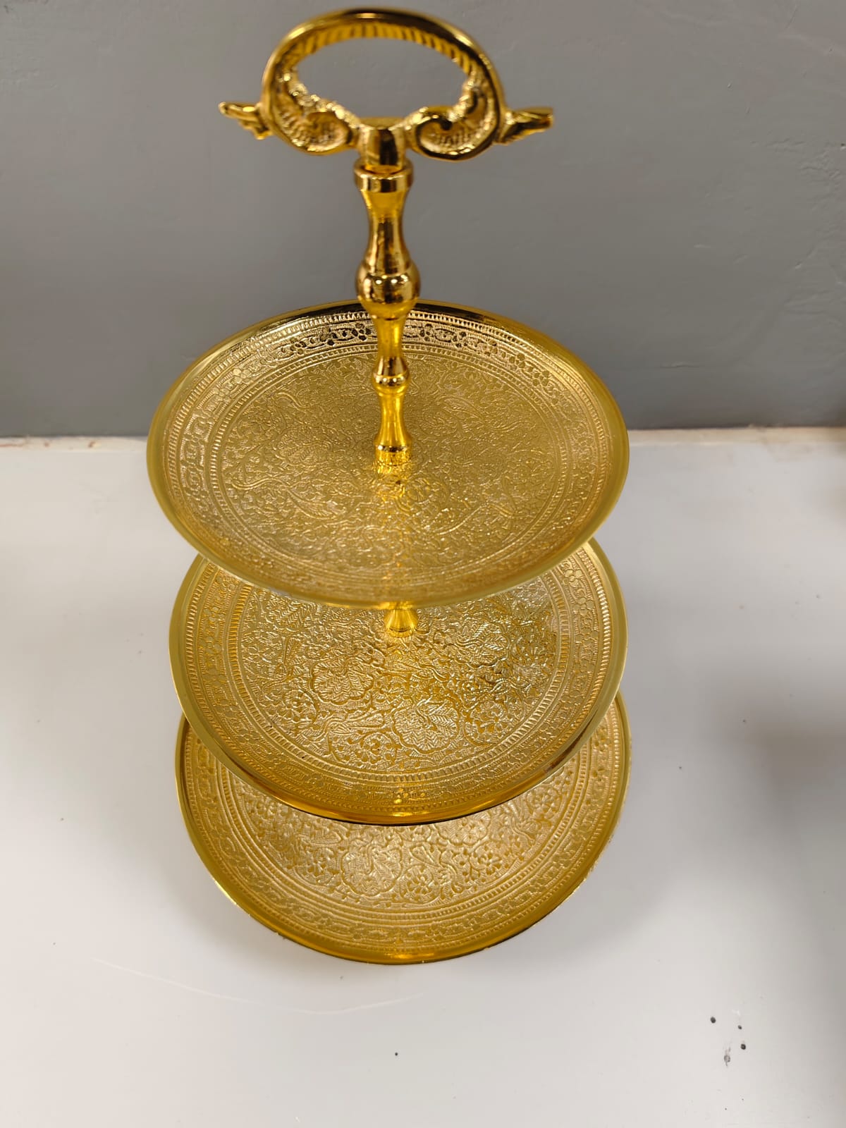 Hand-Engraved Brass Cake Stand — 3-Tier (Antique Gold)