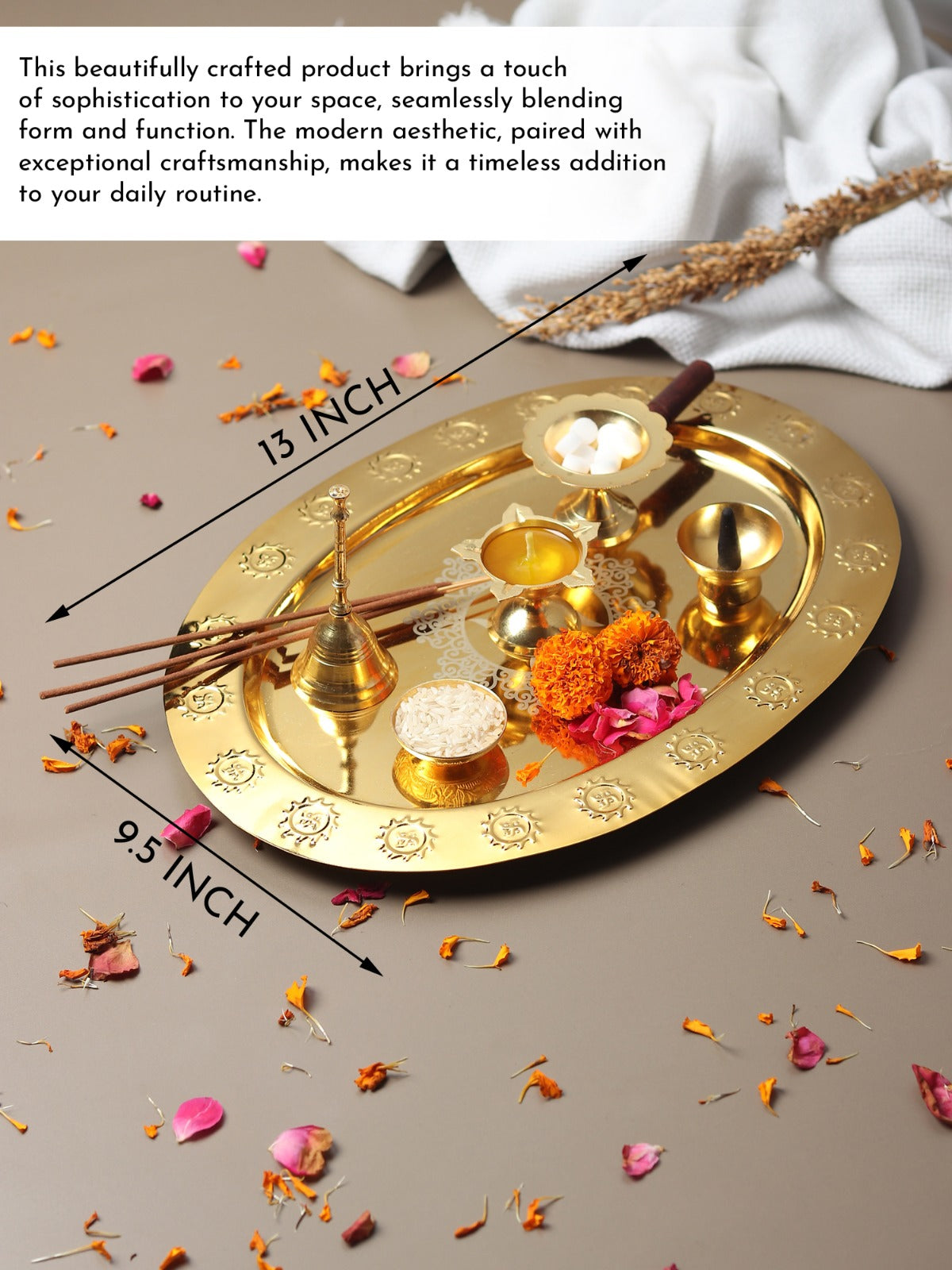 Puja Thali Set — Gold (Plate, Bell & 4 Incense Holders)