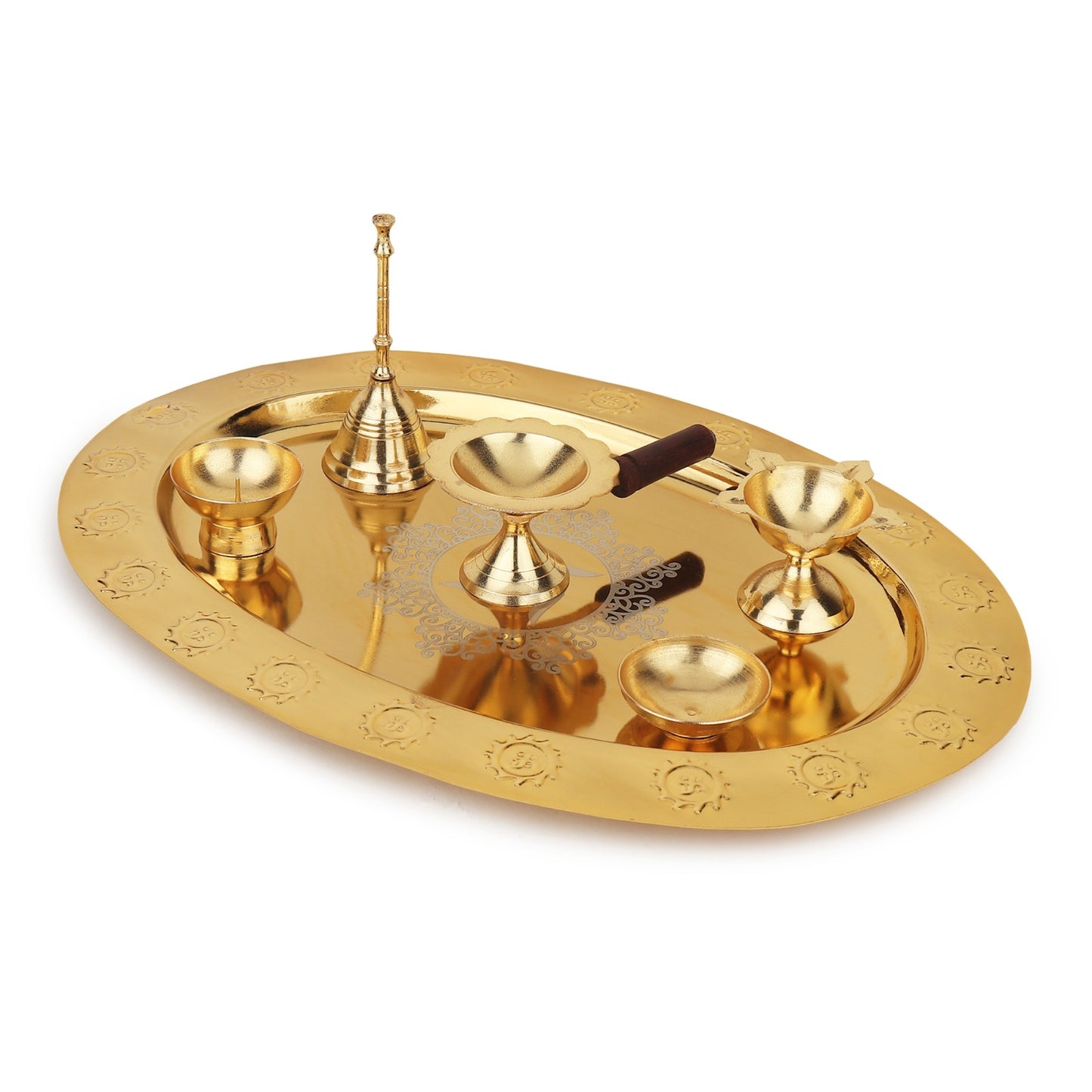 Divyaneel Handcrafted Brass Puja Thali — Gold/Silver Finish with Bell & 4 Incense Holders
