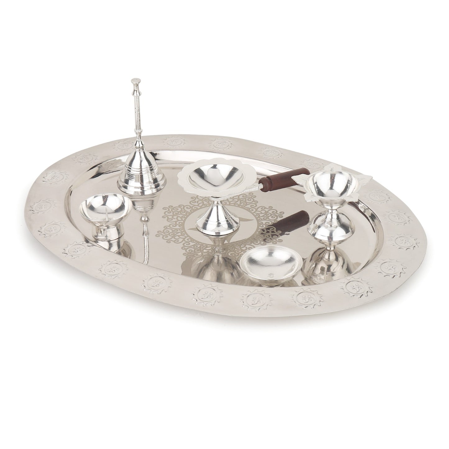 Divyaneel Handcrafted Brass Puja Thali — Gold/Silver Finish with Bell & 4 Incense Holders