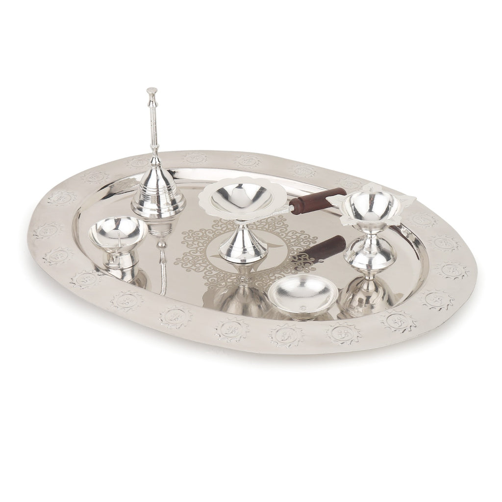 Puja Thali Set — Silver  (Plate, Bell & 4 Incense Holders)