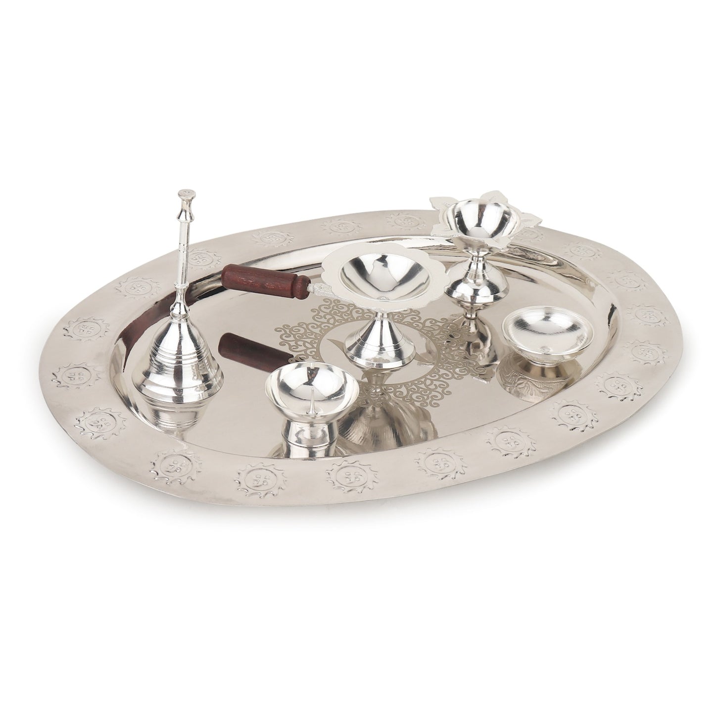 Divyaneel Handcrafted Brass Puja Thali — Gold/Silver Finish with Bell & 4 Incense Holders
