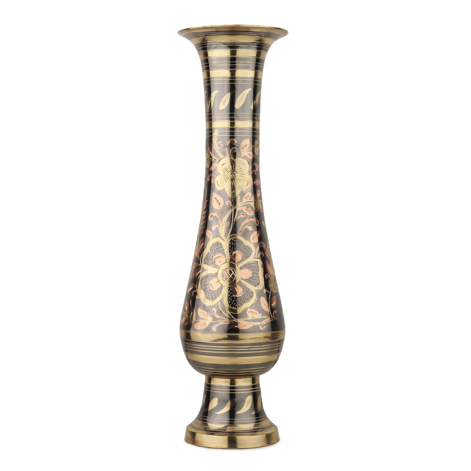 Traditional Nakashi Brass Flower Vase — 16″ (Antique Black & Gold)