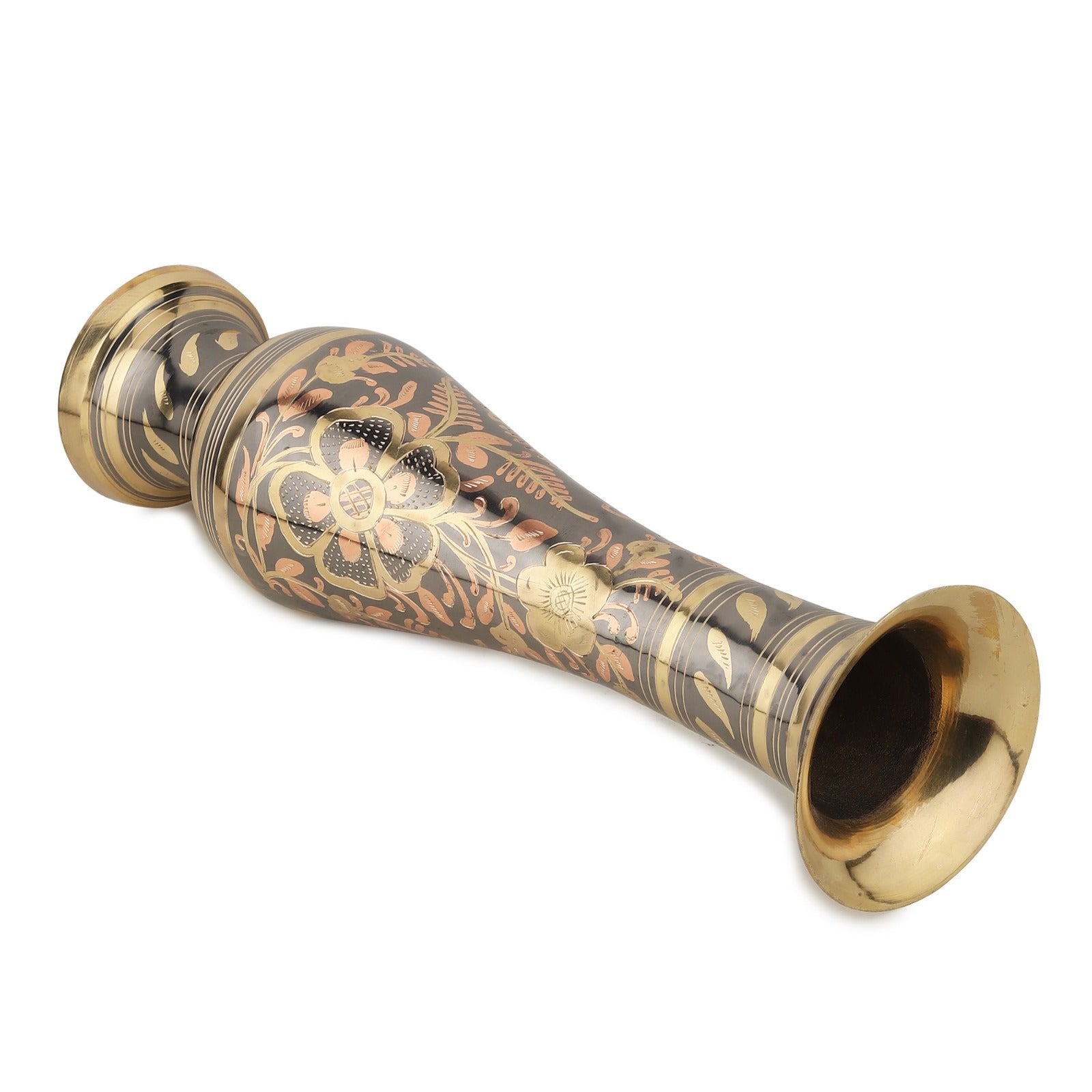 Traditional Nakashi Brass Flower Vase — 16″ (Antique Black & Gold)