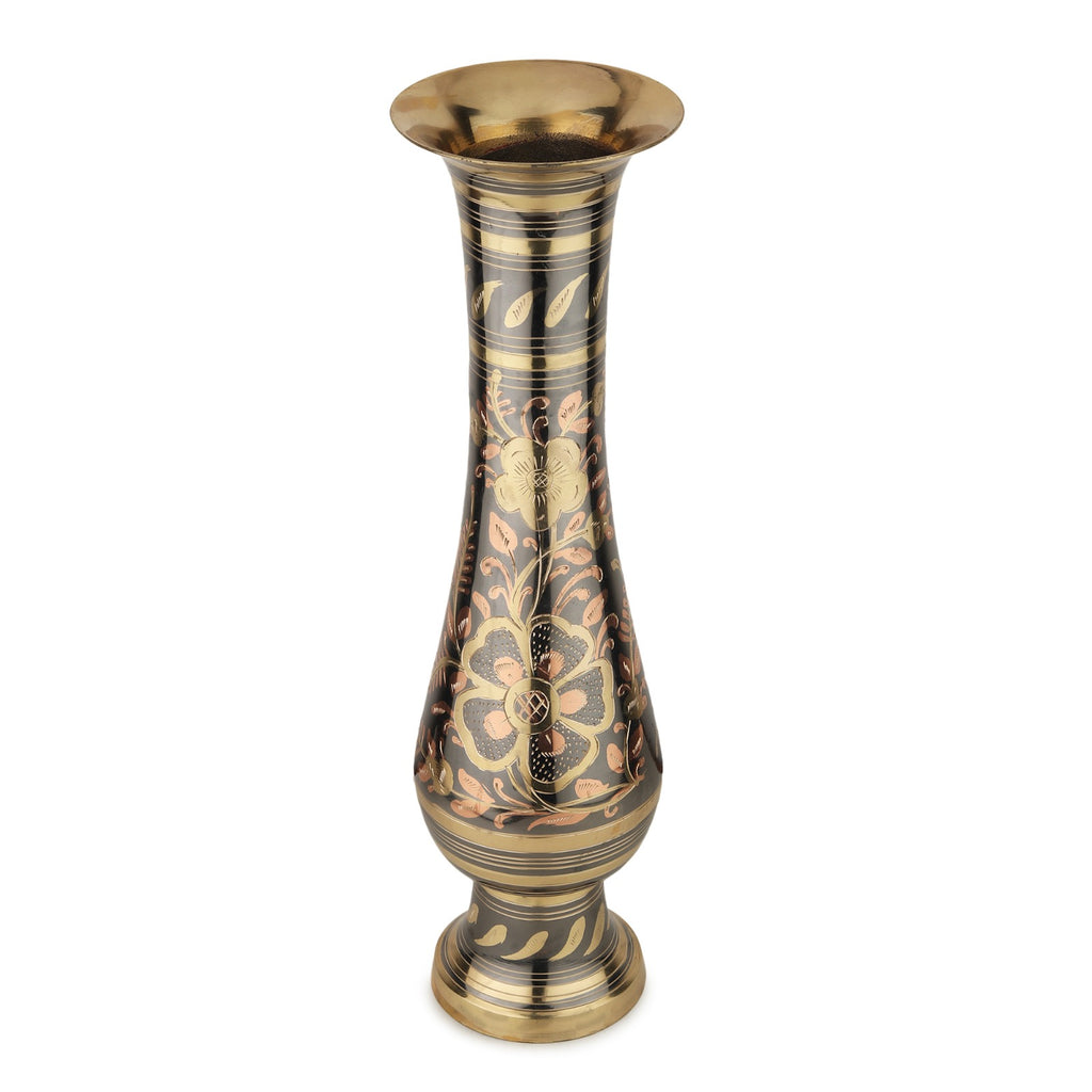 Traditional Nakashi Brass Flower Vase — 16″ (Antique Black & Gold)