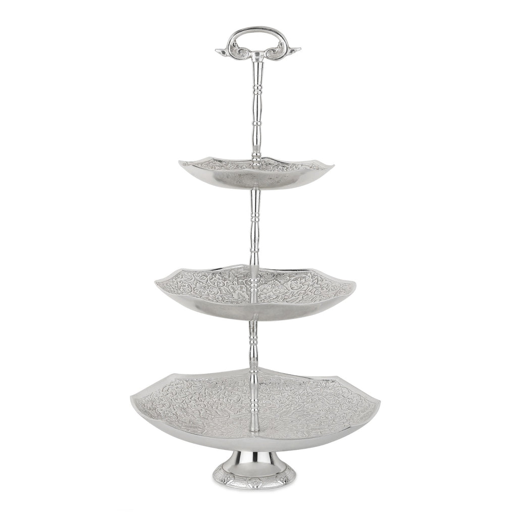 Hand-Engraved Brass Cake Stand — 3-Tier (Antique Silver)
