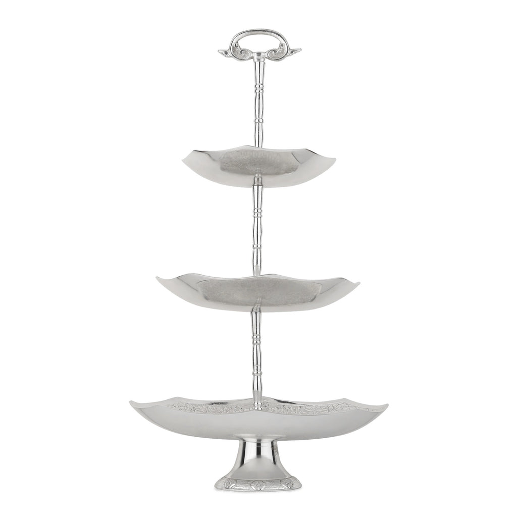 Hand-Engraved Brass Cake Stand — 3-Tier (Antique Silver)