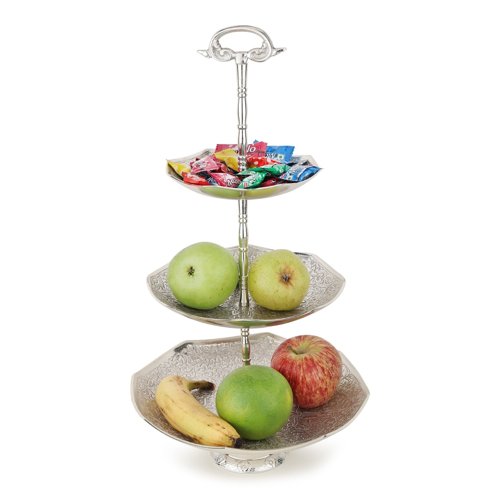 Hand-Engraved Brass Cake Stand — 3-Tier (Antique Silver)