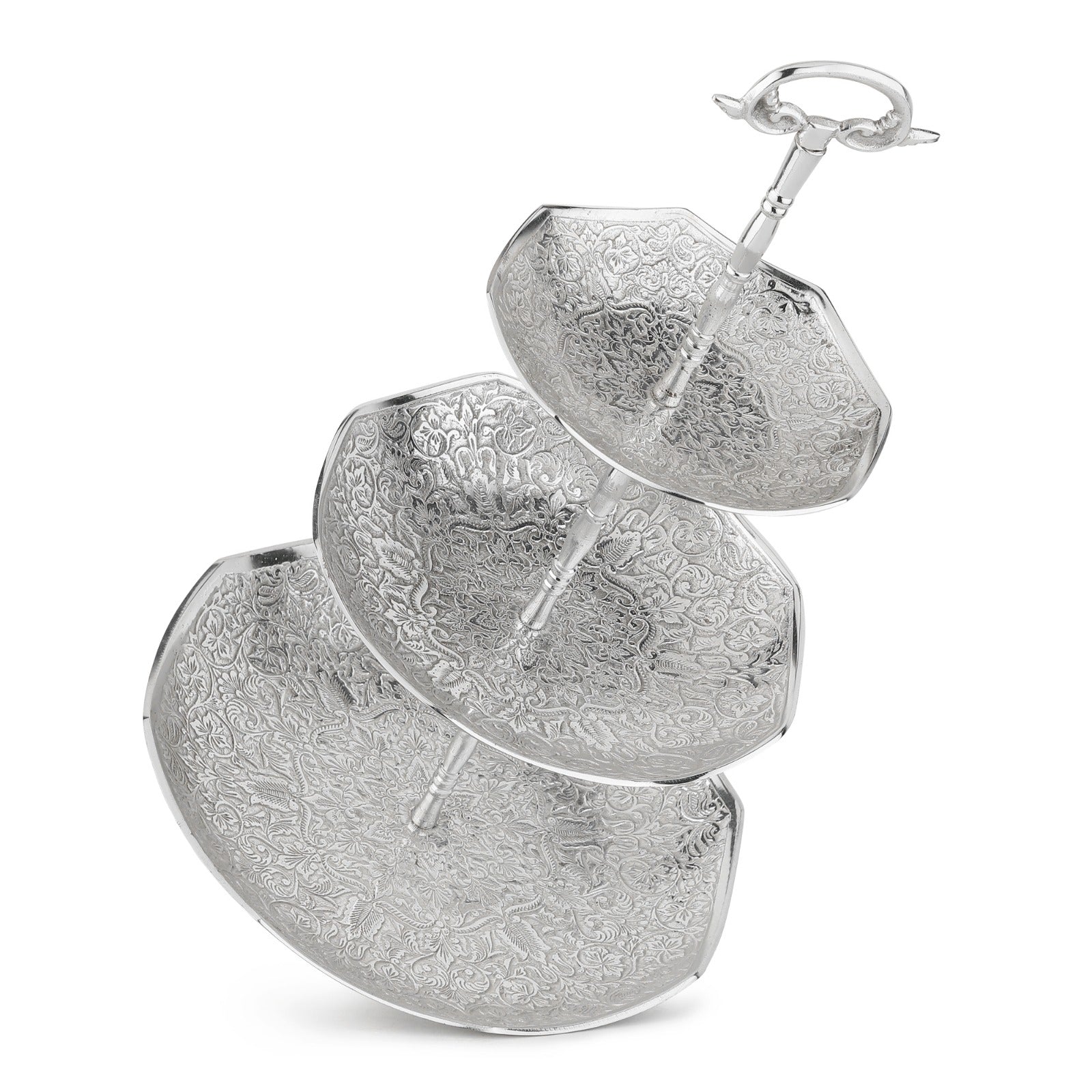 Hand-Engraved Brass Cake Stand — 3-Tier (Antique Silver)