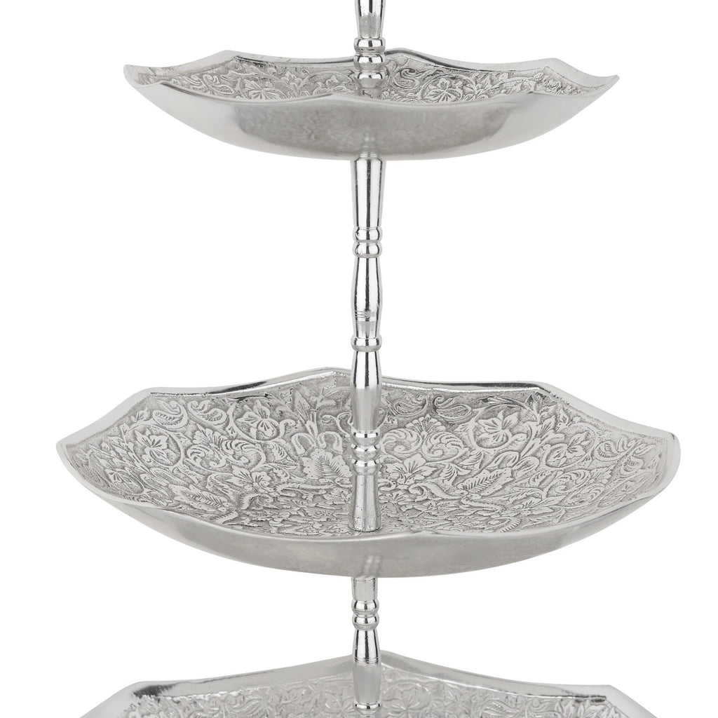 Hand-Engraved Brass Cake Stand — 3-Tier (Antique Silver)