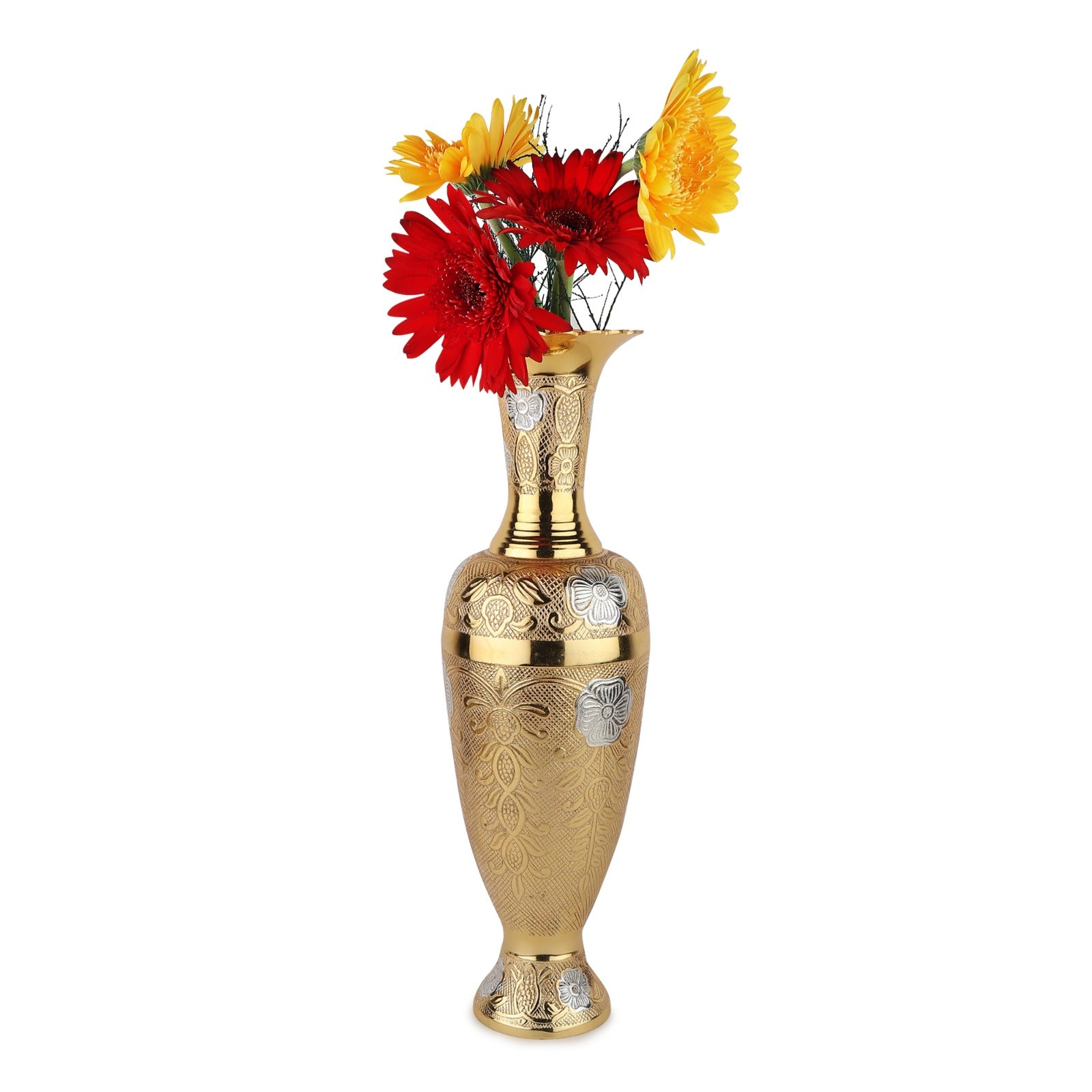 Traditional Nakashi Brass Flower Vase — 15.5" (Gold with Silver Accents)