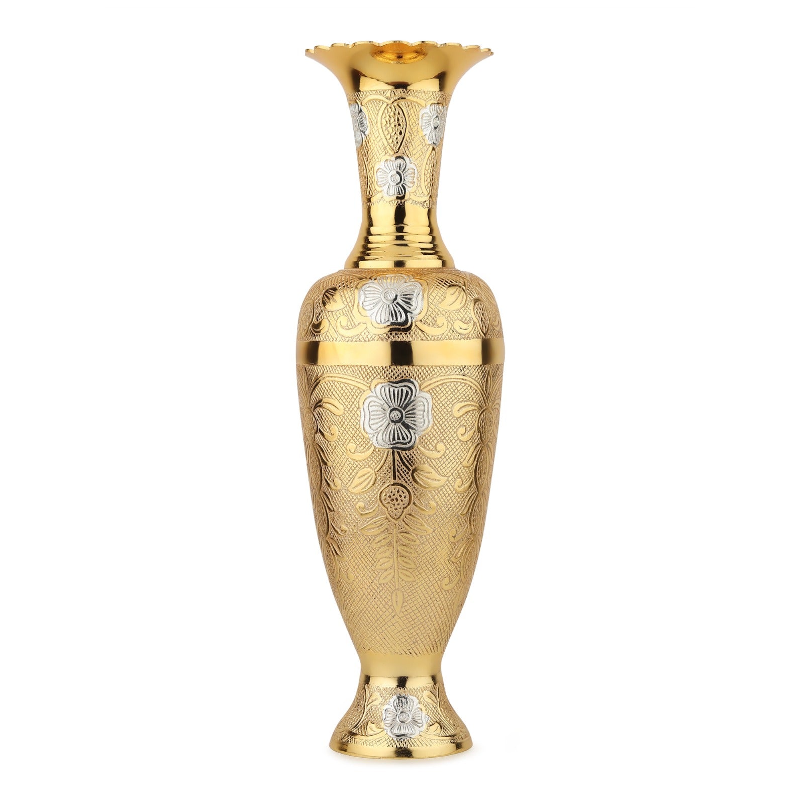Traditional Nakashi Brass Flower Vase — 15.5" (Gold with Silver Accents)