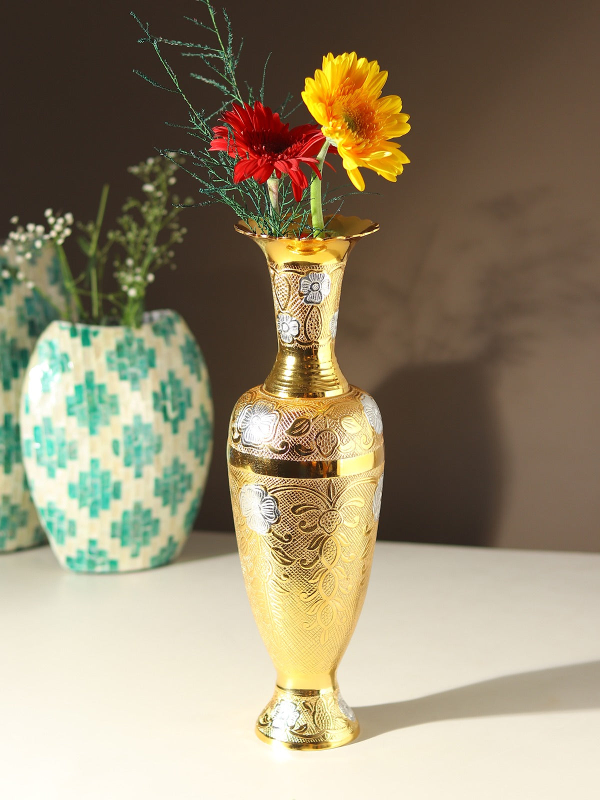 Traditional Nakashi Brass Flower Vase — 15.5" (Gold with Silver Accents)