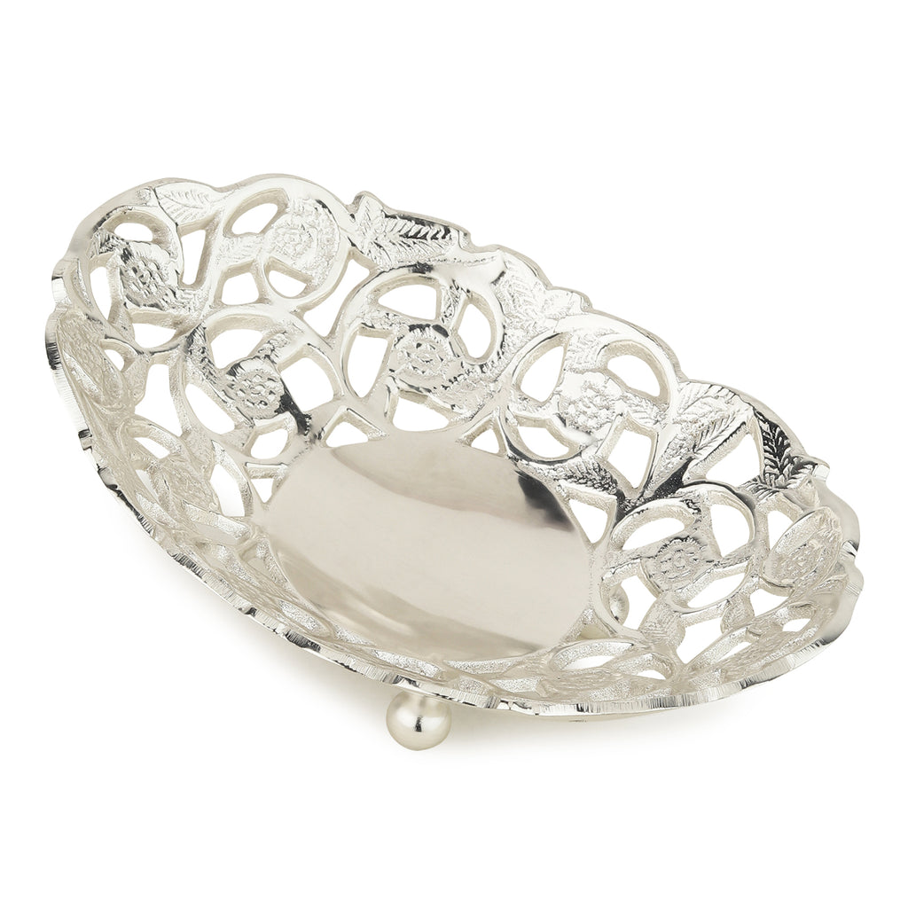 Nakashi Openwork Brass Oval Dish — Silver Finish (Petite)