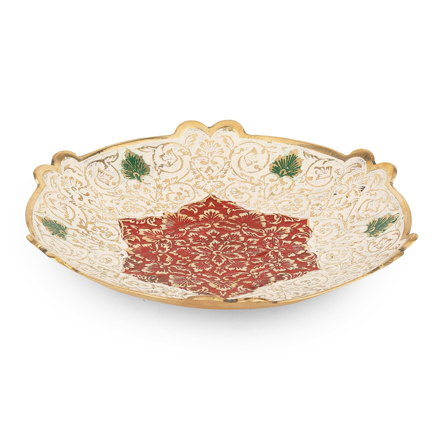 Leaf-Motif Hand-Etched Brass Dish (7.5”) — Enamel Finish for Gifting & Table Décor