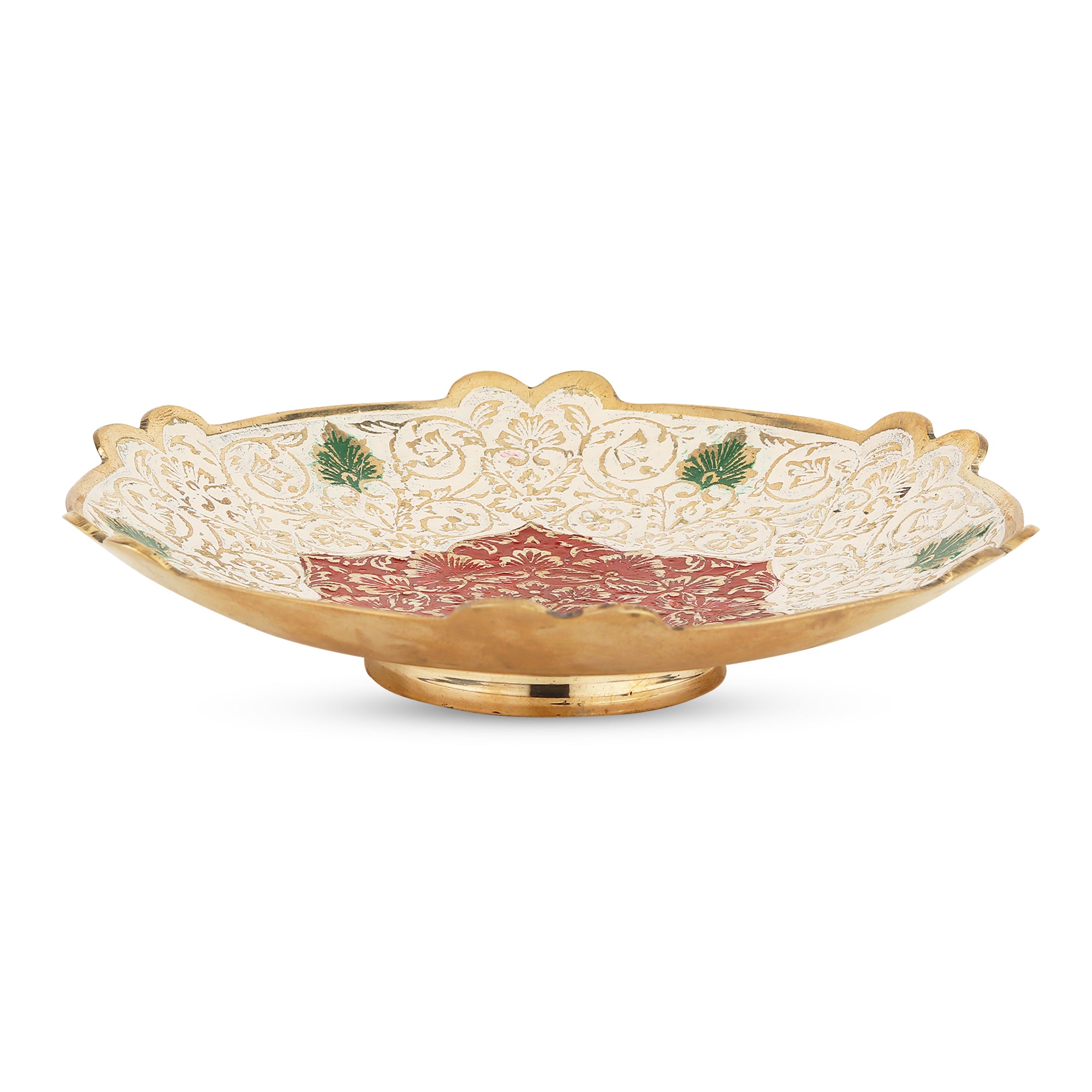 Meenakari Brass Urli Platter — Leaf Motif (7.5")