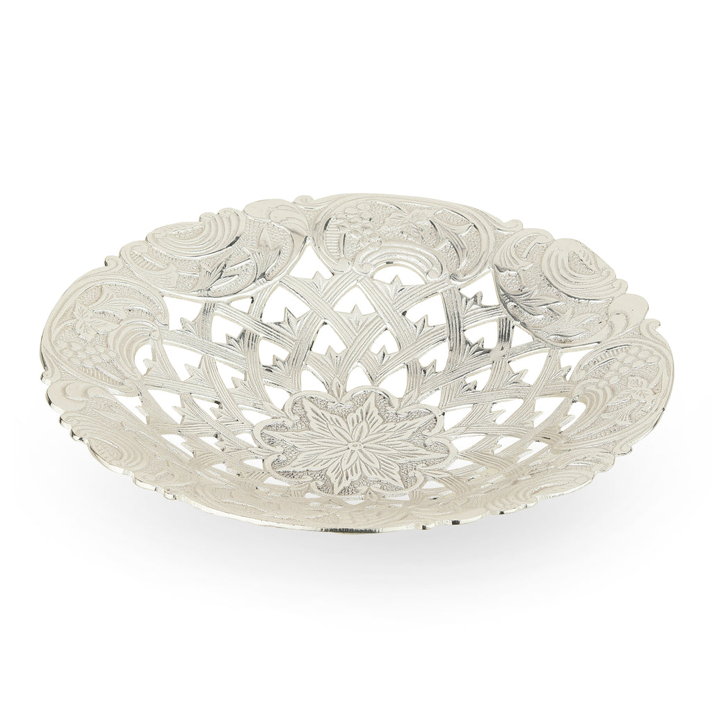 Nakashi Openwork Brass Urli Platter — Silver Finish (9.5")