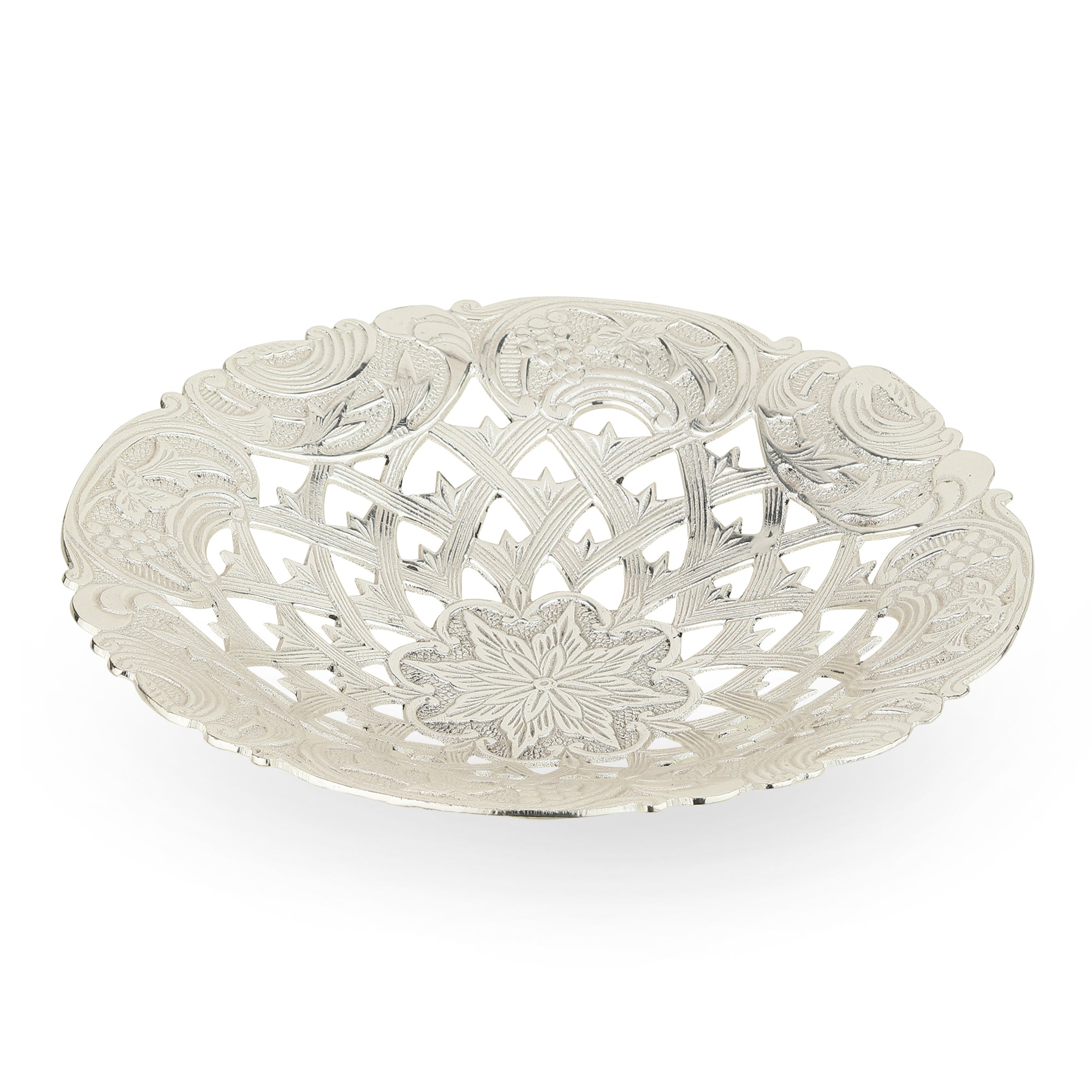 Nakashi Openwork Brass Urli Platter — Silver Finish (9.5")