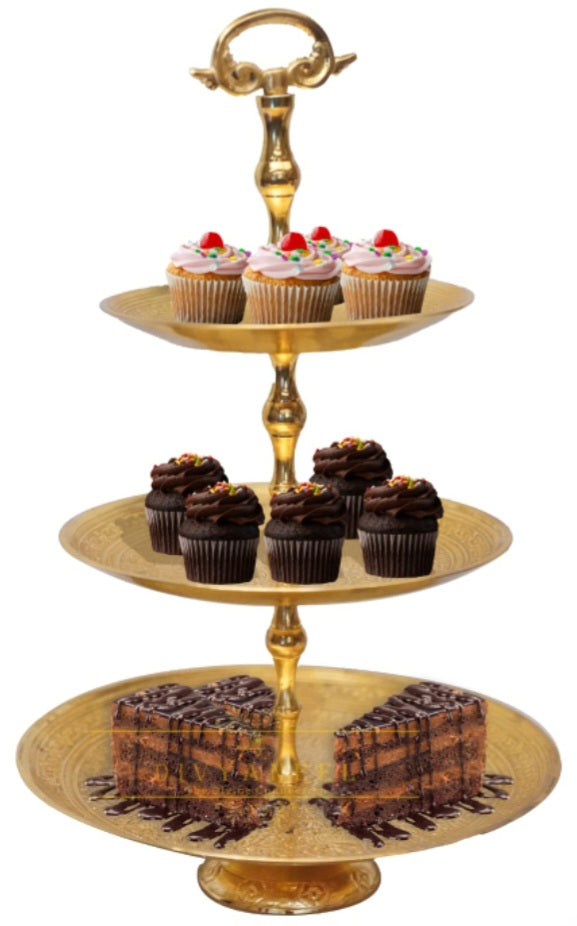 Hand-Engraved Brass Cake Stand — 3-Tier (Antique Gold)