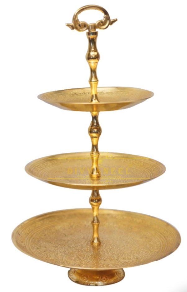 Hand-Engraved Brass Cake Stand — 3-Tier (Antique Gold)