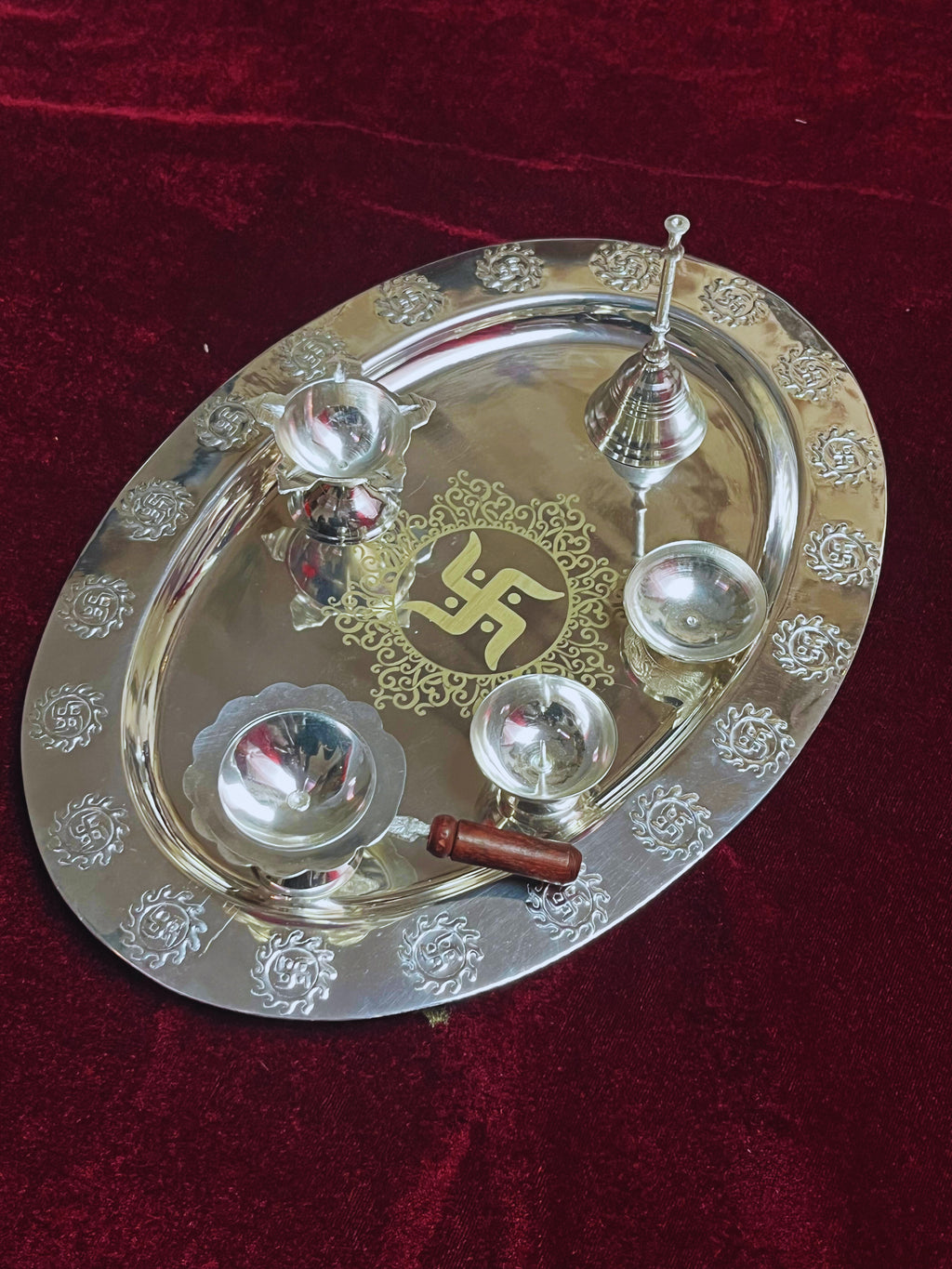 Puja Thali Set — Silver  (Plate, Bell & 4 Incense Holders)