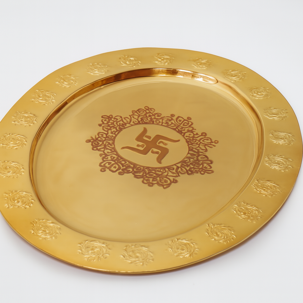 Handcrafted Brass Gold-Toned Pooja Thali – 14.1" x 13"