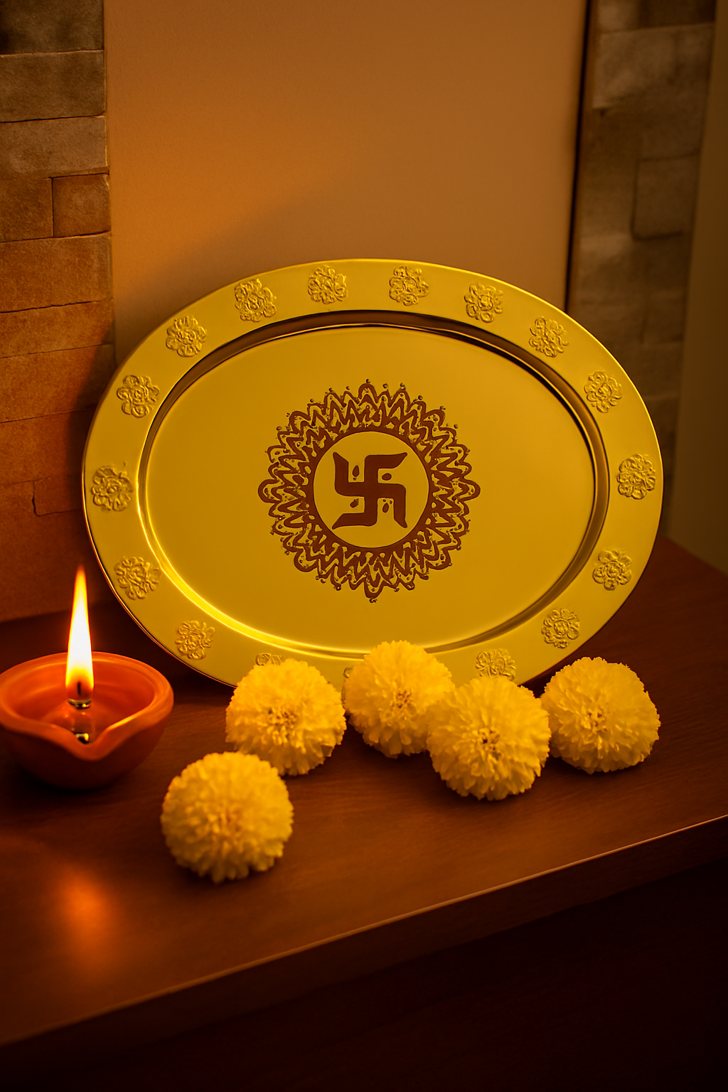 Handcrafted Brass Gold-Toned Pooja Thali – 14.1" x 13"