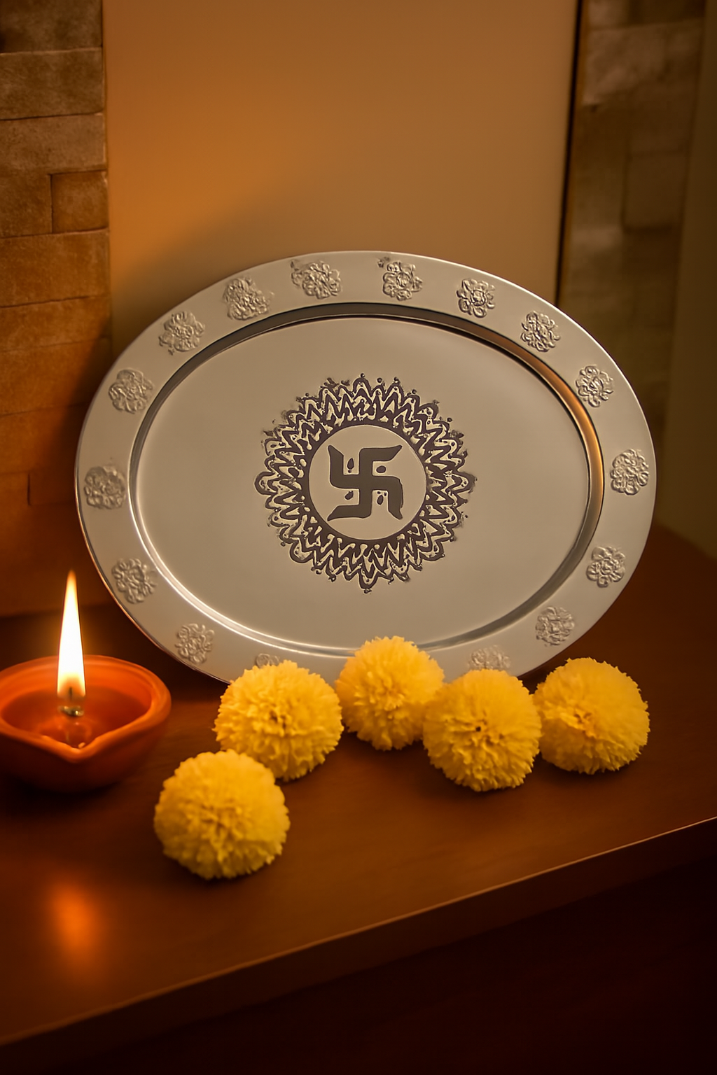 Handcrafted Silver-Toned Pooja Thali – 14.1" x 13"